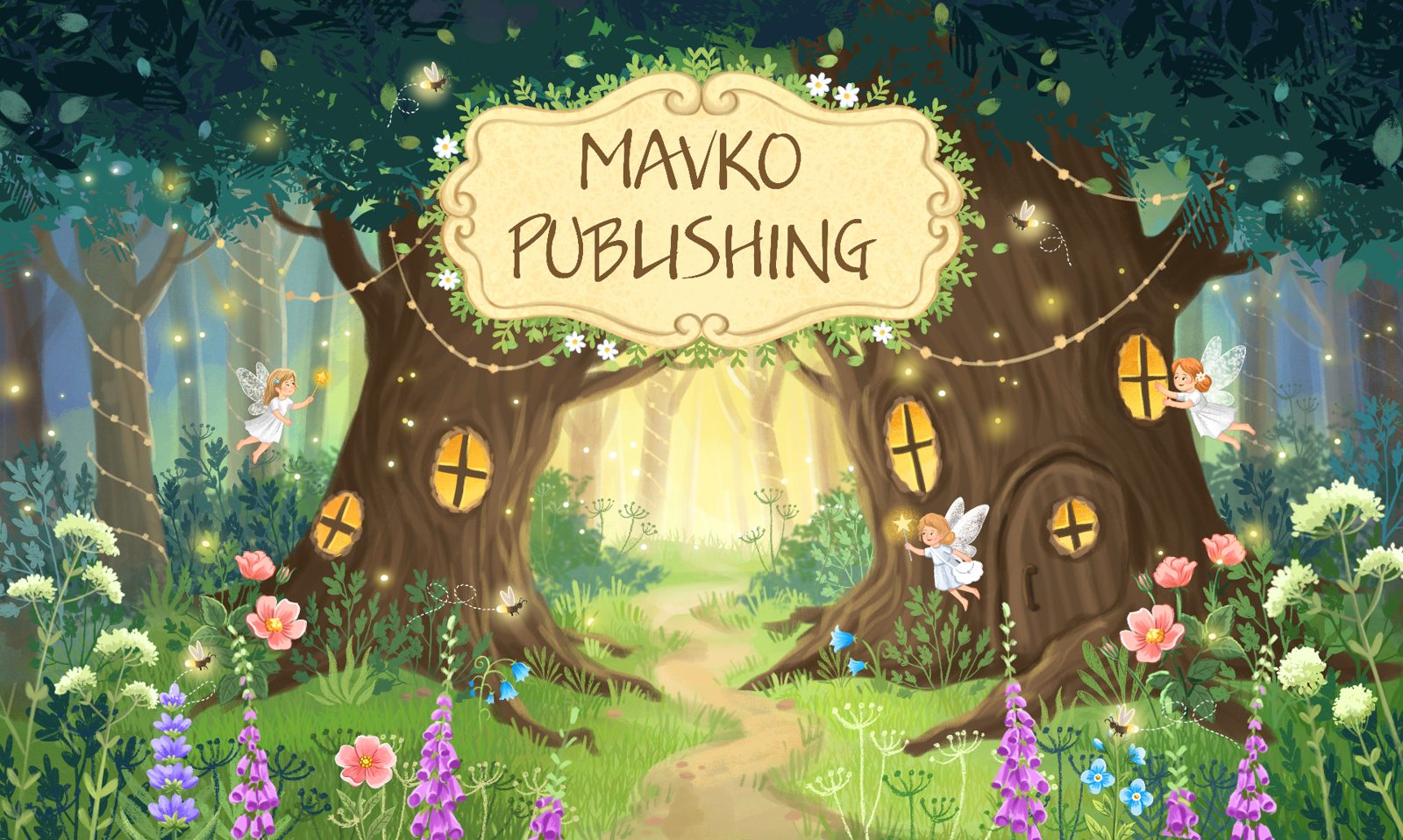 Magischer Waldeingang mit dem Mavko-Publishing-Schild, Feenhäusern, Glühwürmchen und goldenem Licht